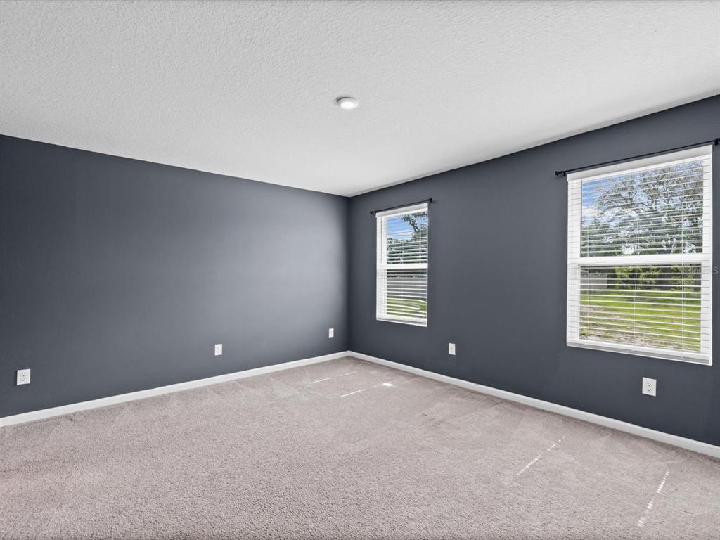 An empty bedroom features dark gray walls, beige carpeting, and two windows with white blinds — 3154 VICTORIA INLET DRIVE, HOLIDAY, FL