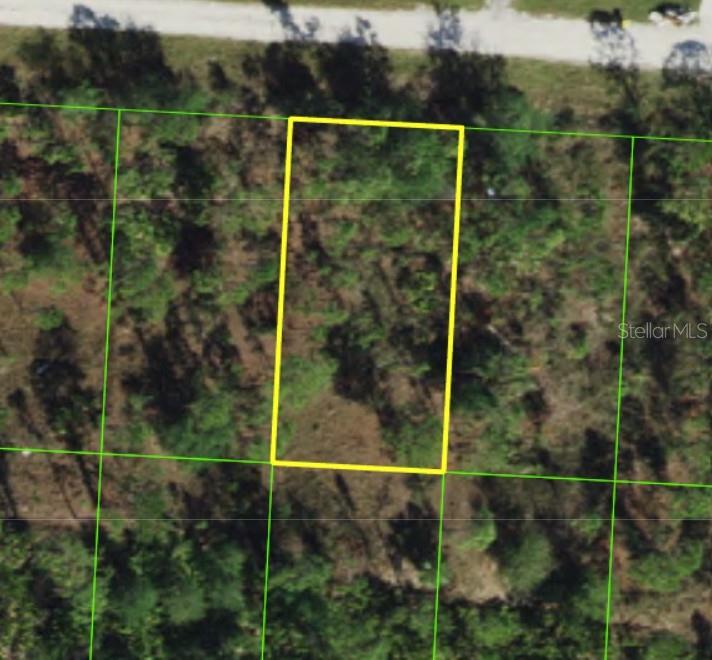 This aerial map shows a rectangular plot of land outlined in yellow — 27421 MANDALAY DRIVE, PUNTA GORDA, FL