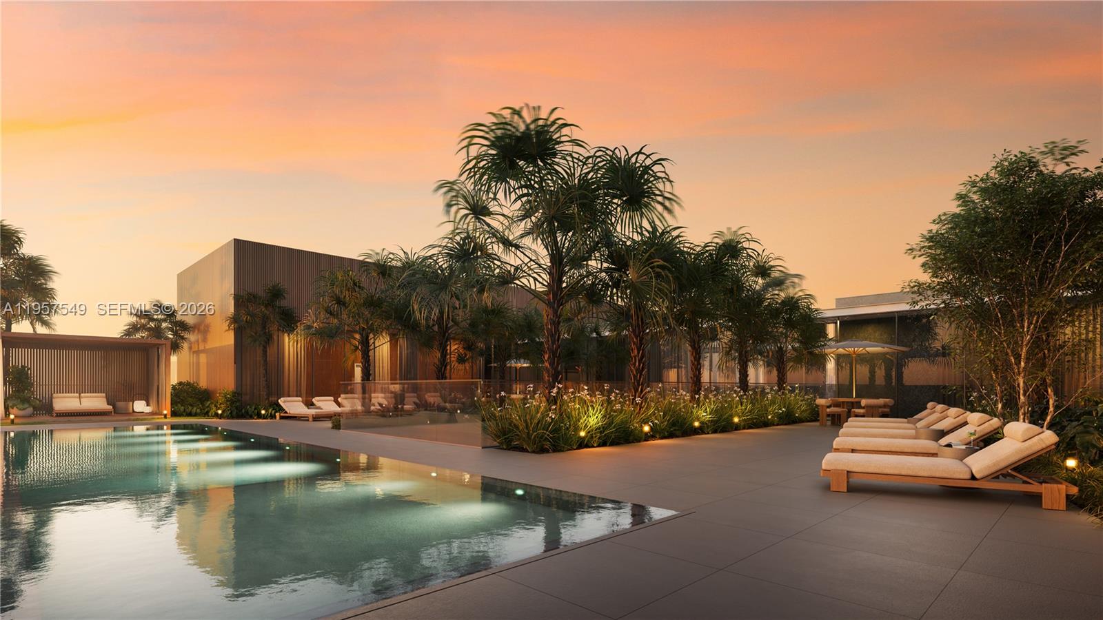 This is a rendering of a modern outdoor swimming pool area with lounge chairs and landscaping — 1880 Brickell Avenue # 23, Miami FL 33129, MIAMI, FL