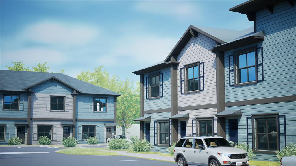 This is a digital rendering of two-story blue townhomes with a parking lot and car — 610 TULSA WAY UNIT 624, DAVENPORT, FL
