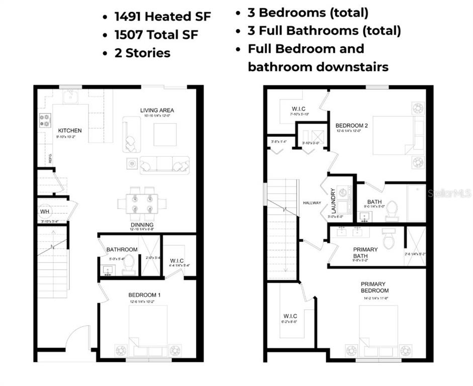 This is a two-story floor plan showing three bedrooms and three bathrooms — 610 TULSA WAY UNIT 624, DAVENPORT, FL
