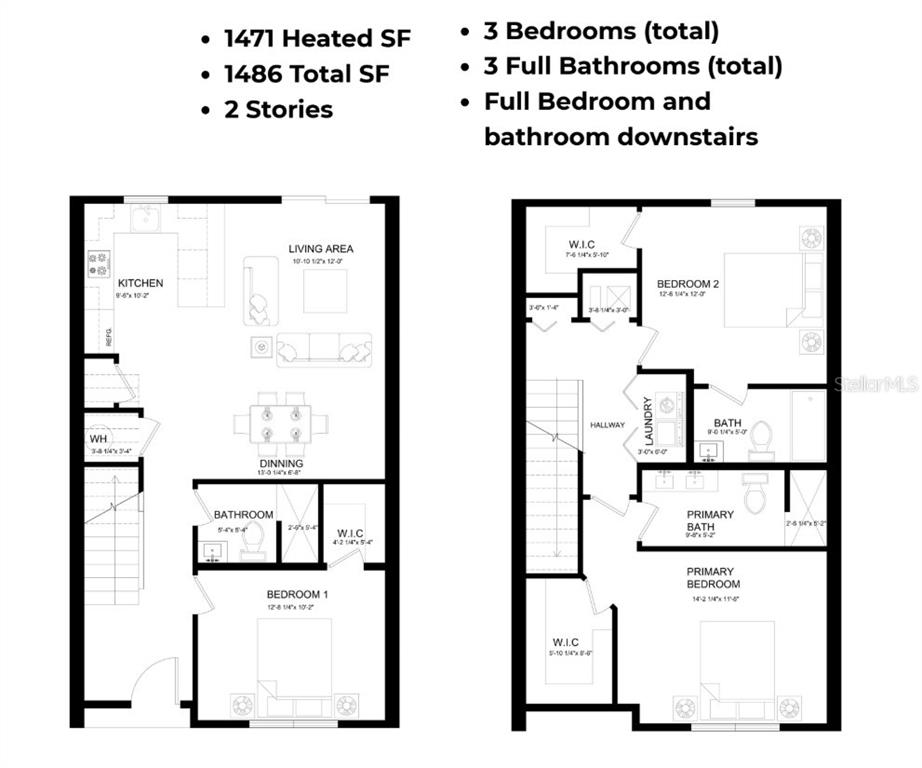 This image displays a two-story floor plan featuring three bedrooms and three bathrooms — 610 TULSA WAY UNIT 624, DAVENPORT, FL