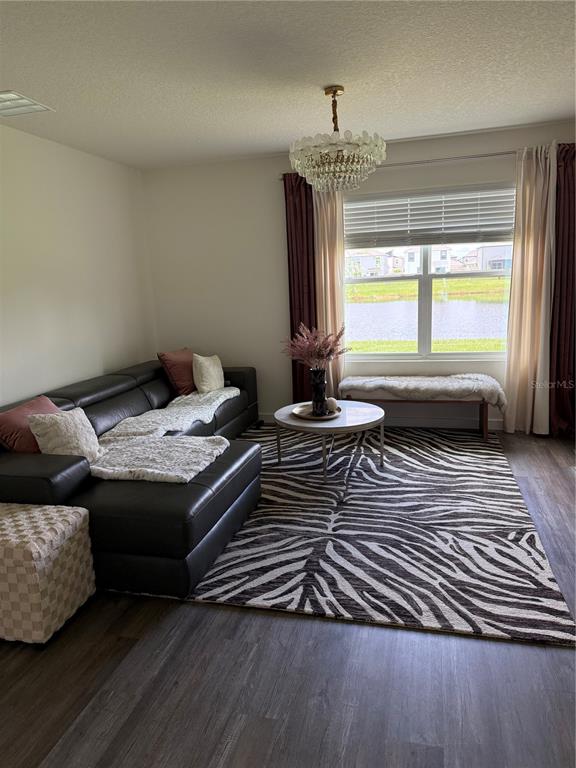 A living room features a dark leather sectional, zebra-print rug, and a window overlooking water — 31800 OYSTER TRELLIS LANE, WESLEY CHAPEL, FL