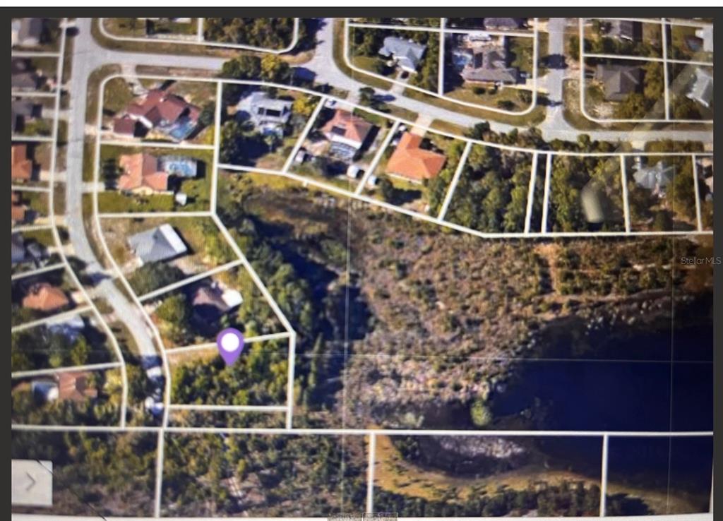 This aerial map shows a vacant residential lot situated next to a wooded area and pond — 1351 MELSHIRE AVENUE, DELTONA, FL