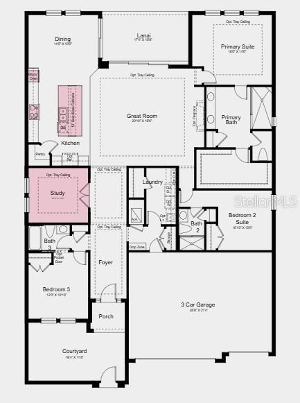 This is a floor plan for a single-story home featuring three bedrooms, a three-car garage, and a courtyard — 17742 SEDONA STREET, WINTER GARDEN, FL