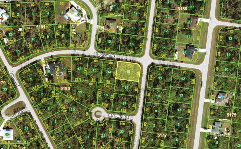 This is an aerial map showing residential lots and street layouts in a neighborhood — 12397 SYLVAN STREET, PORT CHARLOTTE, FL