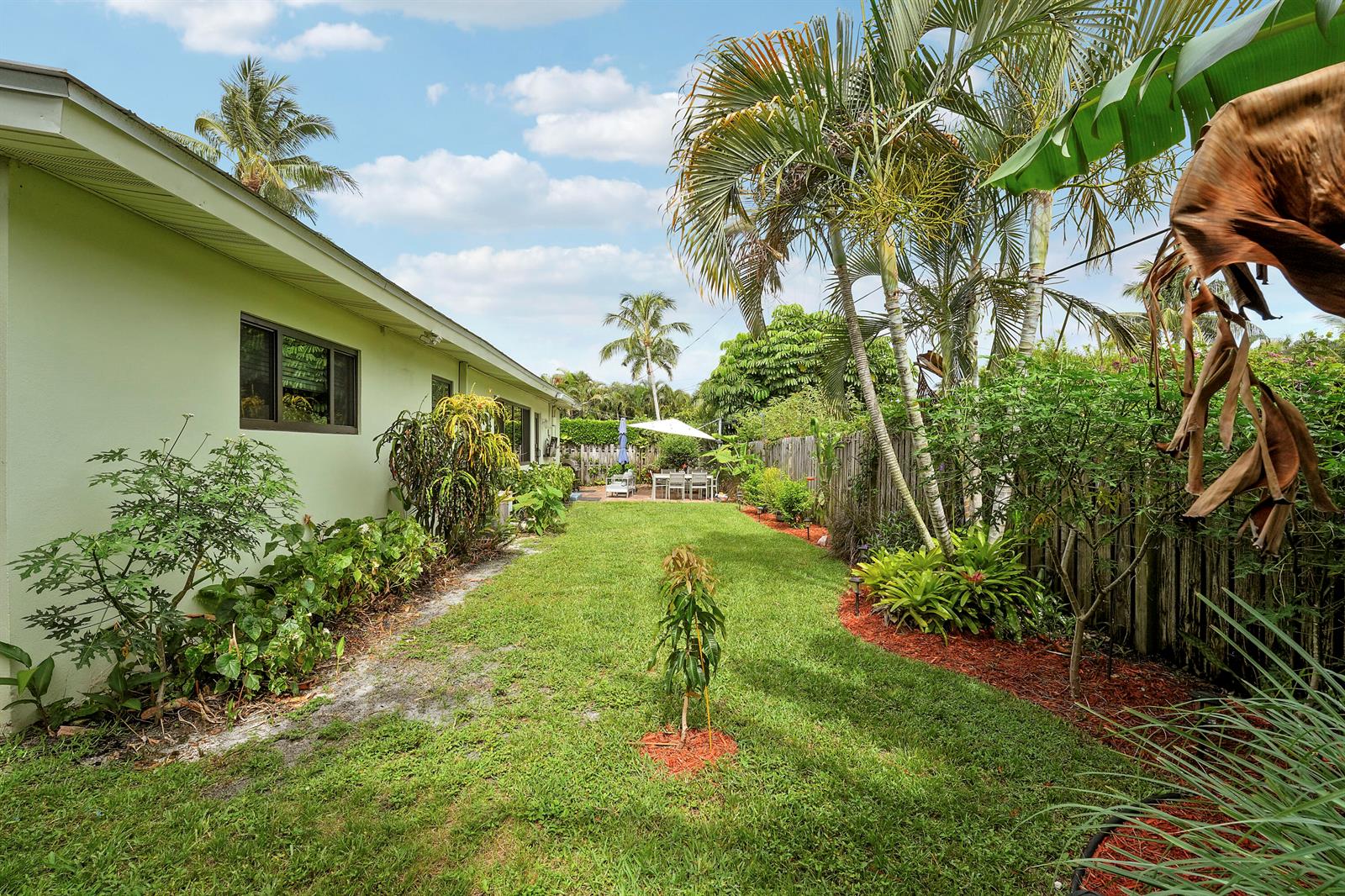 A backyard with a green house wall, a grassy lawn, palm trees, and a patio area — 109 NE 17th Street, Delray Beach FL 33444, DELRAY BEACH, FL