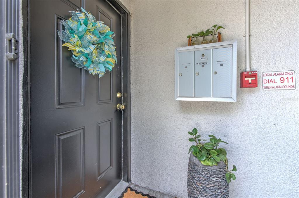 A black front door with a wreath sits next to a wall-mounted mailbox and planter — 711 RUSSELL LANE UNIT 134, BRANDON, FL