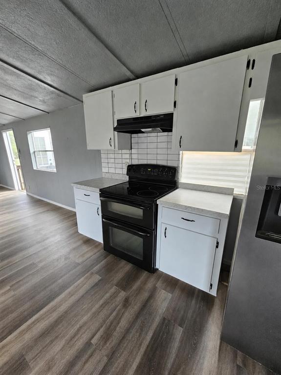 A kitchen features white cabinets, a black stove, and wood-look flooring — 13585 SE 119TH STREET, OCKLAWAHA, FL