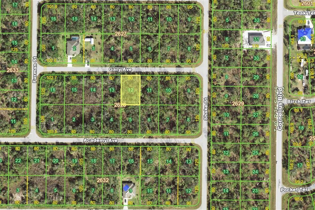 This is a satellite map showing residential land parcels and street layouts — 14475 GARY AVENUE, PORT CHARLOTTE, FL