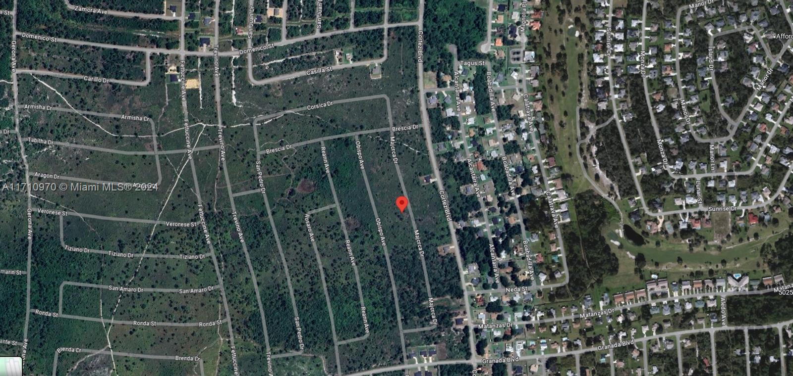 This is an aerial map view showing a vacant, wooded lot marked with a red pin — 4601 Majorca Dr., Sebring FL 33872, SEBRING, FL