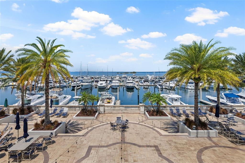 A paved patio with palm trees overlooks a marina filled with numerous docked boats — 4815 YACHT CLUB DRIVE UNIT 102, TAMPA, FL