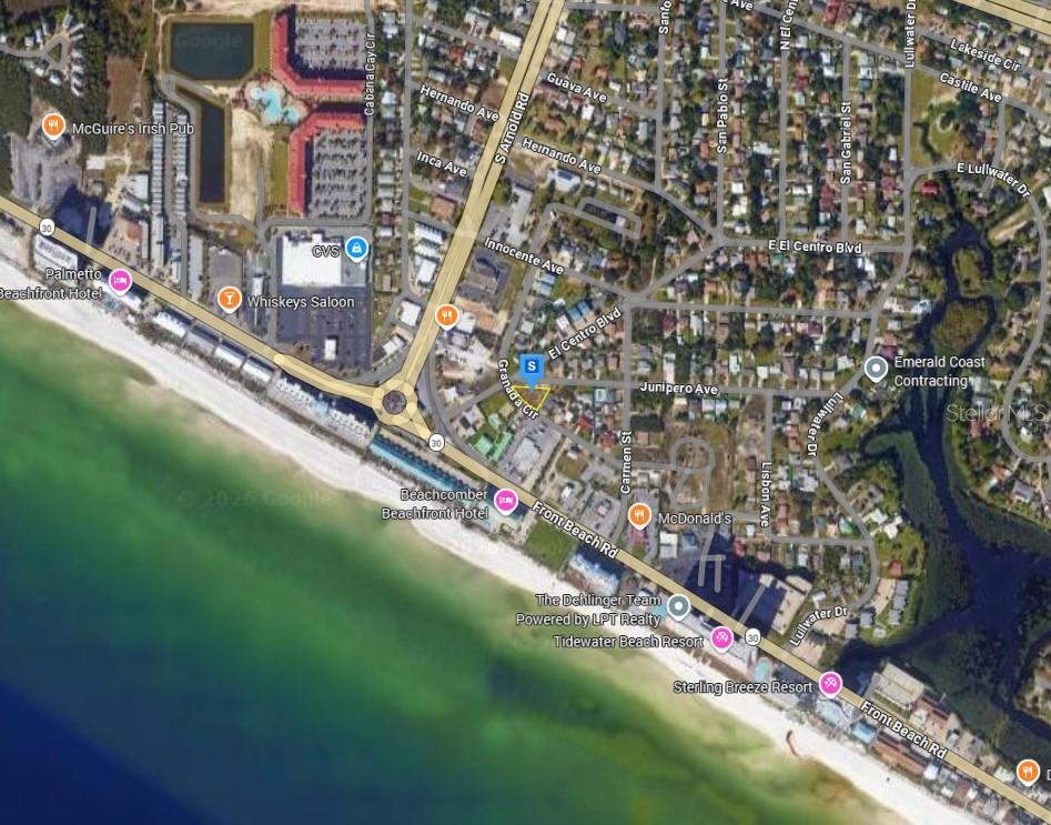 This is a satellite map view of a coastal area with roads, buildings, and beaches — 601 GRANADA CIRCLE, PANAMA CITY BEACH, FL