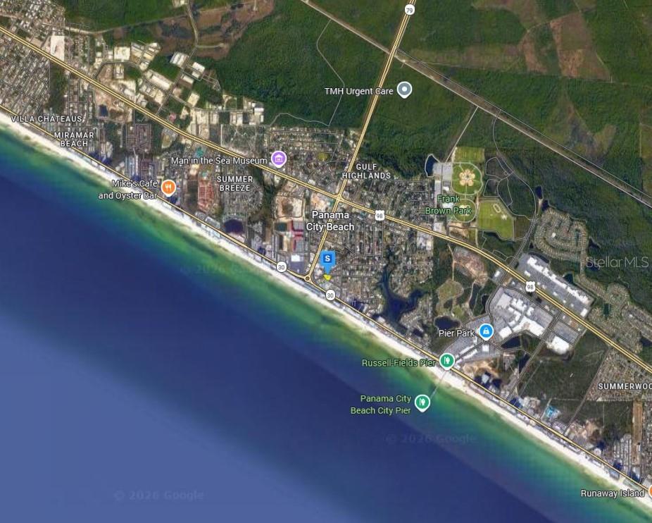 This is an aerial map showing the coastline and surrounding landmarks of Panama City Beach — 601 GRANADA CIRCLE, PANAMA CITY BEACH, FL