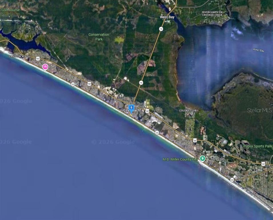 This is a satellite map view of the Panama City Beach coastline and surrounding area — 601 GRANADA CIRCLE, PANAMA CITY BEACH, FL