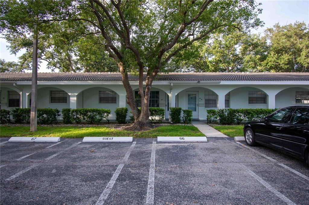 A single-story apartment building with arched walkways, parking spaces, and a large tree in front — 11200 102ND AVENUE UNIT 66, SEMINOLE, FL