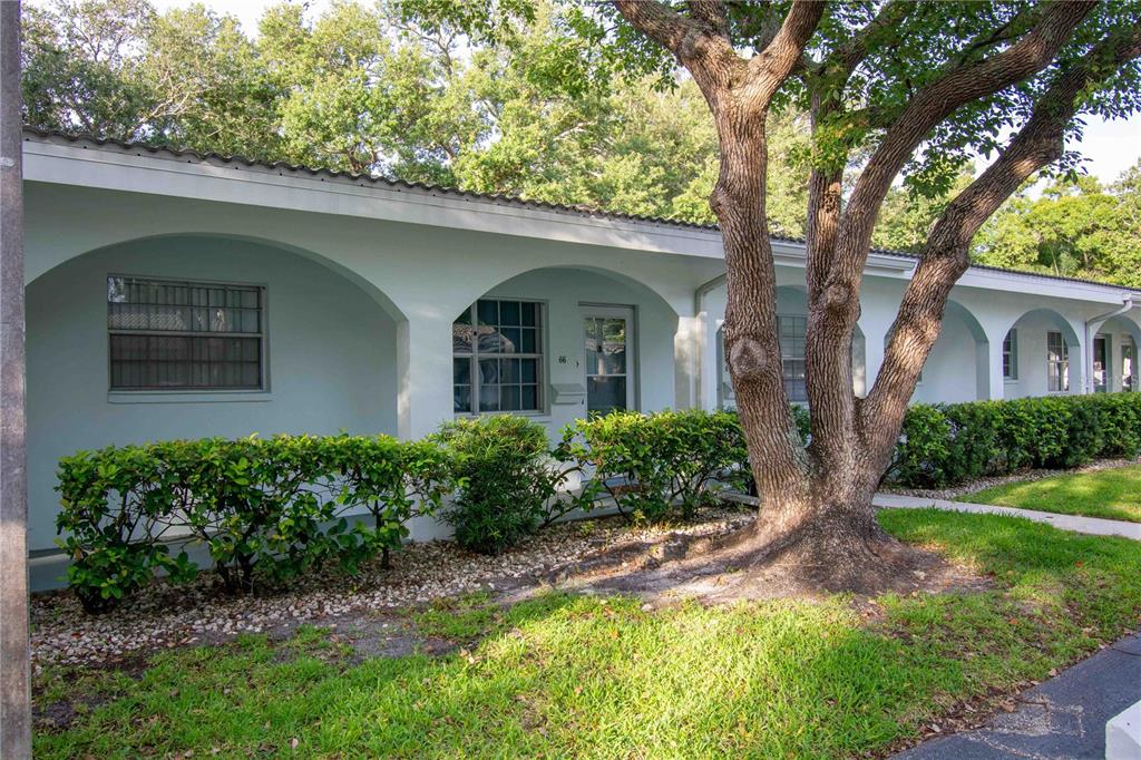 A single-story building with arched covered walkways, large trees, and manicured hedges in front — 11200 102ND AVENUE UNIT 66, SEMINOLE, FL