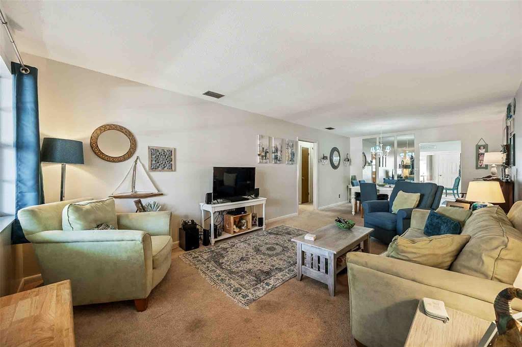 A living room features light-colored walls, carpeted flooring, a television on a stand, and furniture — 11200 102ND AVENUE UNIT 66, SEMINOLE, FL