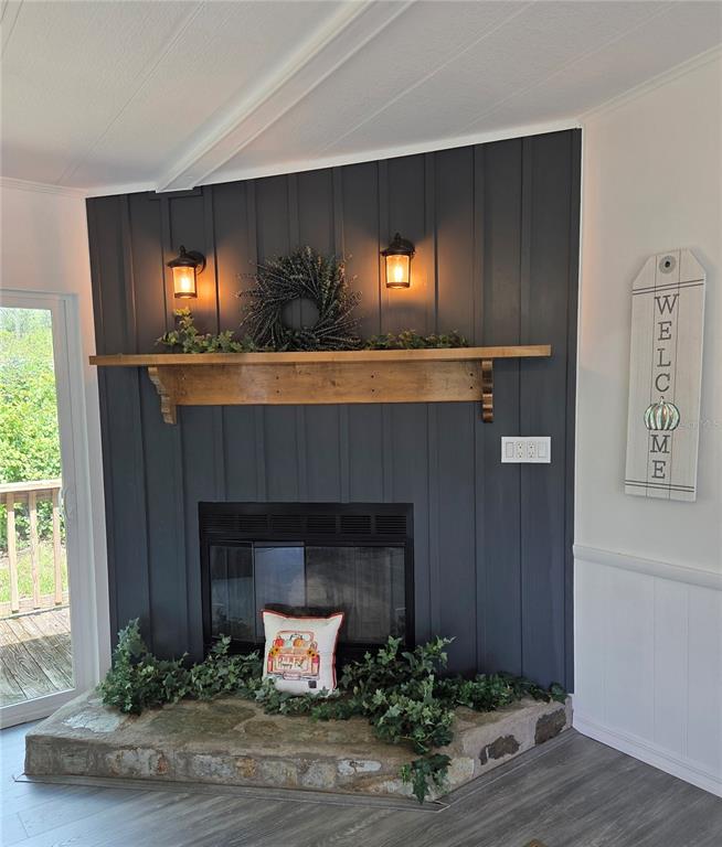 A fireplace with a stone hearth and wood mantel sits against a dark vertical-plank wall — 47807 STATE ROAD 19, ALTOONA, FL