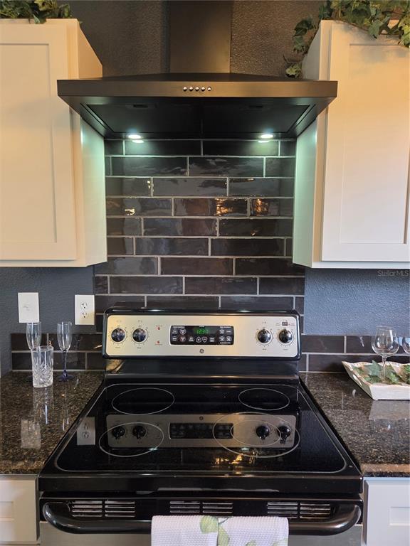A kitchen stove features a black range hood, dark subway tile backsplash, and granite countertops — 47807 STATE ROAD 19, ALTOONA, FL