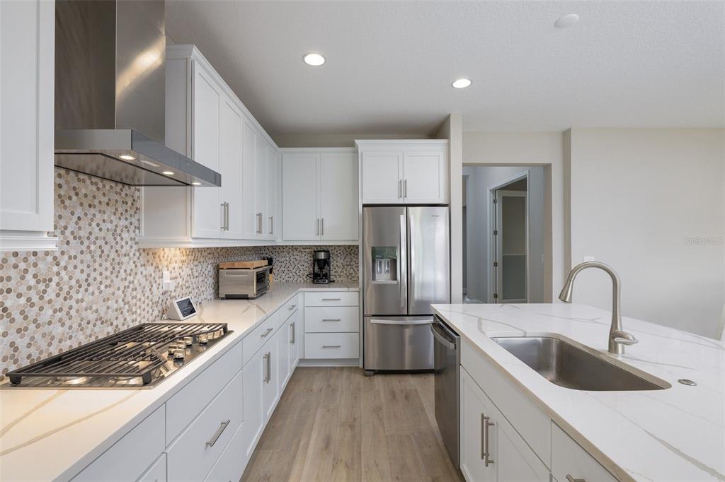 A modern kitchen features white cabinets, stainless steel appliances, and a large quartz-topped island — 13419 HEARTWOOD WAY, PARRISH, FL