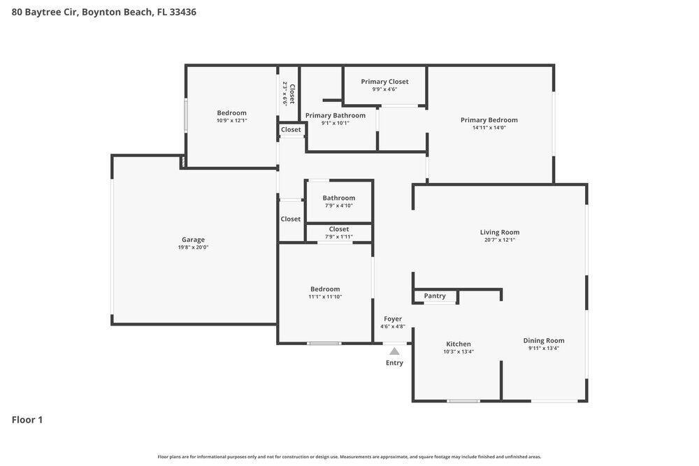 This is a floor plan for a single-story residential home with three bedrooms and a garage — BOYNTON BEACH, FL