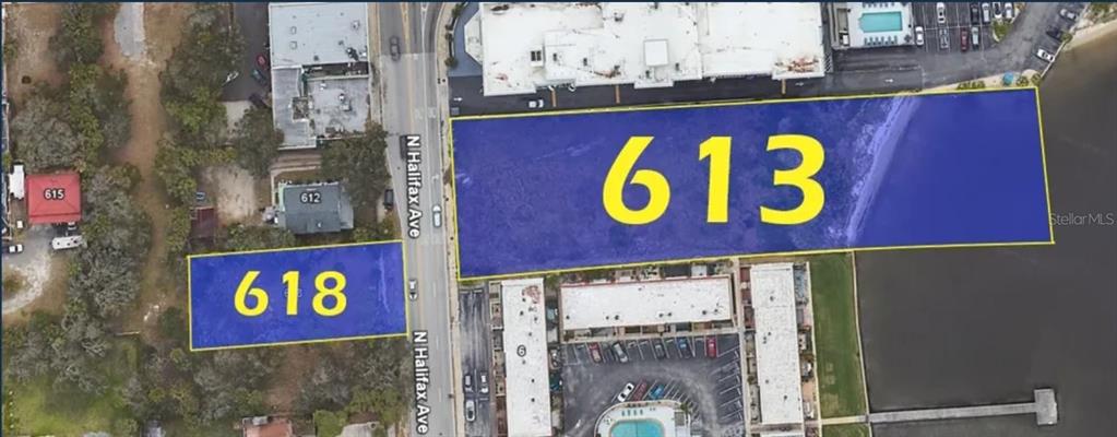 An aerial map view shows two highlighted land parcels separated by a road — 613 HALIFAX AVENUE, DAYTONA BEACH, FL
