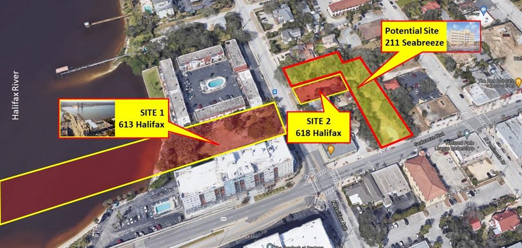 An aerial map shows three highlighted development sites located near a river and city streets — 613 HALIFAX AVENUE, DAYTONA BEACH, FL