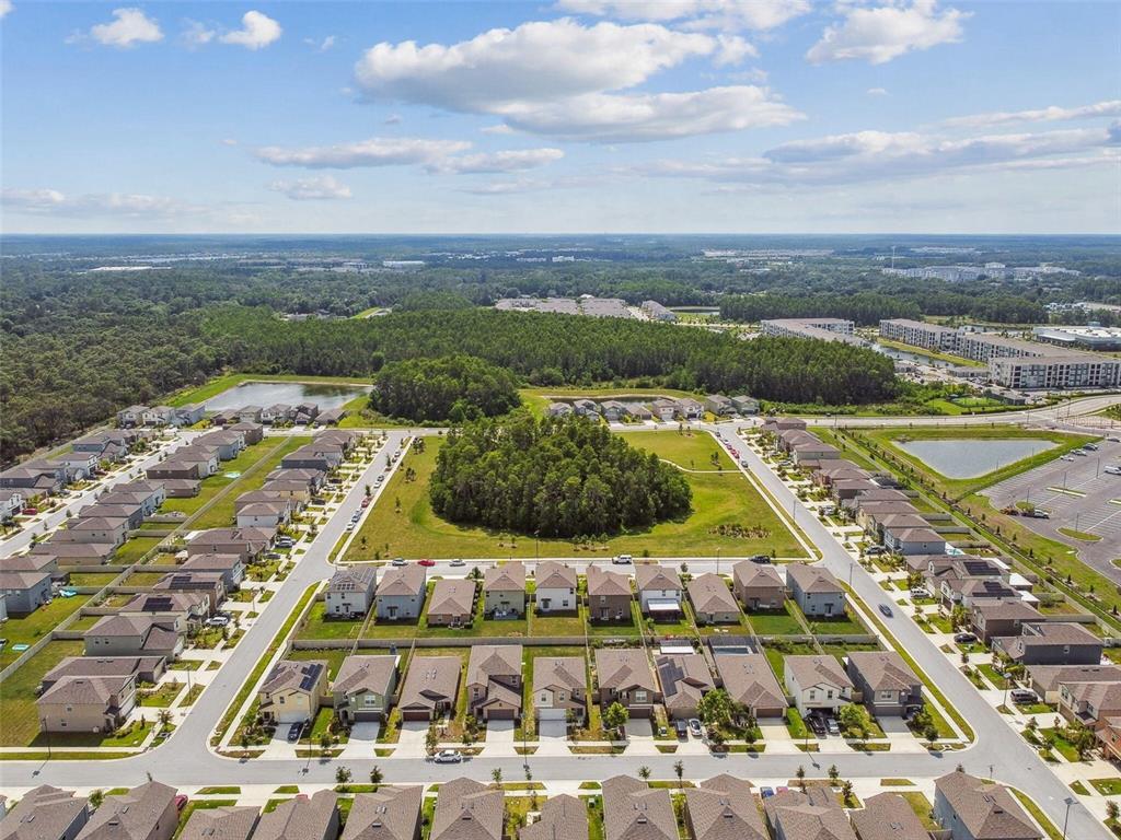 An aerial view shows a suburban neighborhood with houses surrounding a central grassy park area — 2139 STELLAR BRILLIANCE WAY, LUTZ, FL