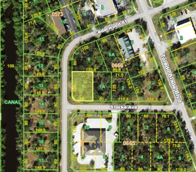 This is a property tax map showing a highlighted vacant lot at a street intersection — 17298 STARKE AVENUE, PORT CHARLOTTE, FL