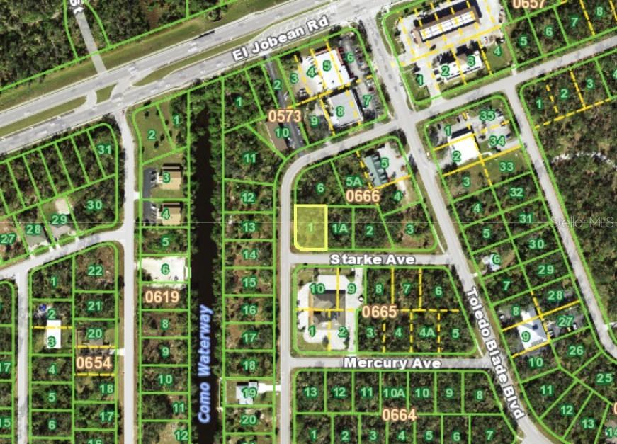 This is an aerial map showing a highlighted vacant lot located at a street intersection — 17298 STARKE AVENUE, PORT CHARLOTTE, FL