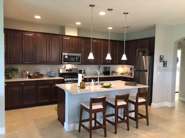 A kitchen features dark wood cabinets, a central island with bar seating, and stainless steel appliances — 6234 COLMAR PLACE, APOLLO BEACH, FL