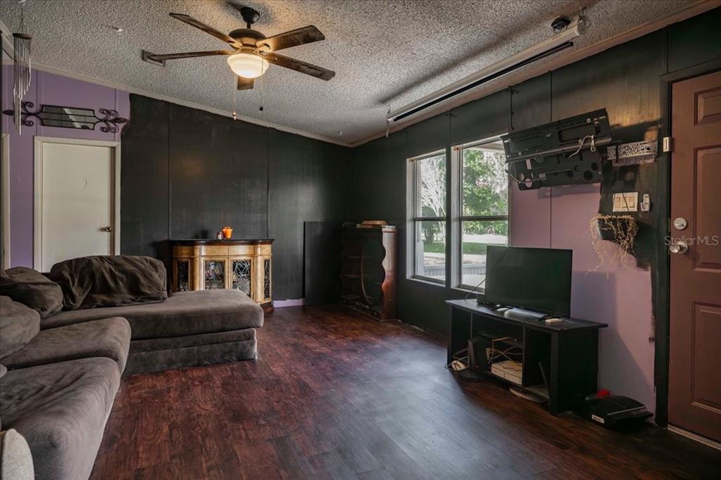 A living room with dark walls, wood-look flooring, a ceiling fan, and a television console — 2210 D R BRYANT RD, LAKELAND, FL