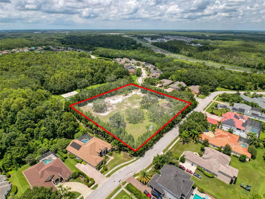 An aerial view shows a large, vacant, tree-filled residential lot outlined in red — 15438/15440 AZRA DR, ODESSA, FL