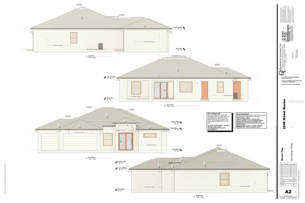 This architectural rendering shows the four exterior elevations of a single-story residential home — 1801 SW 15TH PLACE, CAPE CORAL, FL