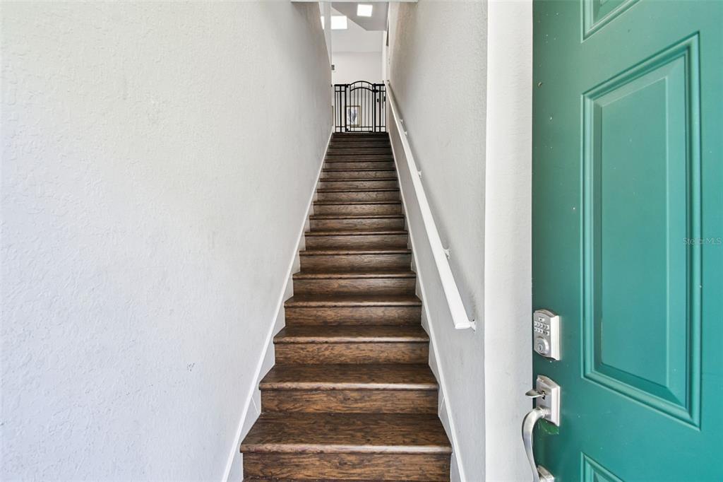 A staircase with dark wood treads leads upward from a teal door — 9064 LAKE CHASE ISLAND WAY, TAMPA, FL