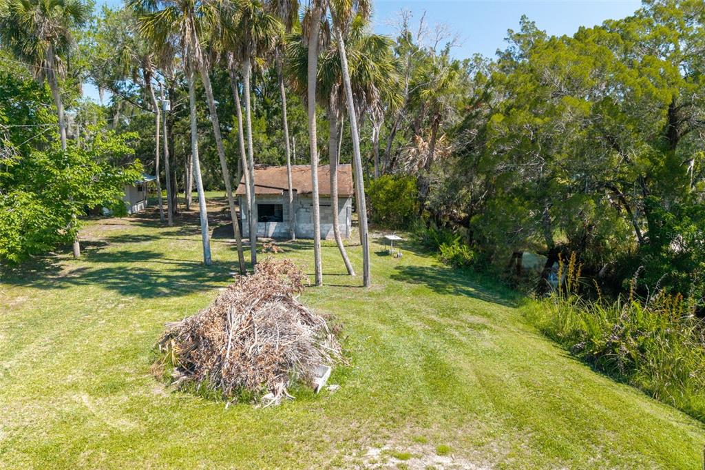 An aerial view shows a small, weathered structure surrounded by palm trees and a brush pile — 10709 W HALLS RIVER ROAD, HOMOSASSA, FL