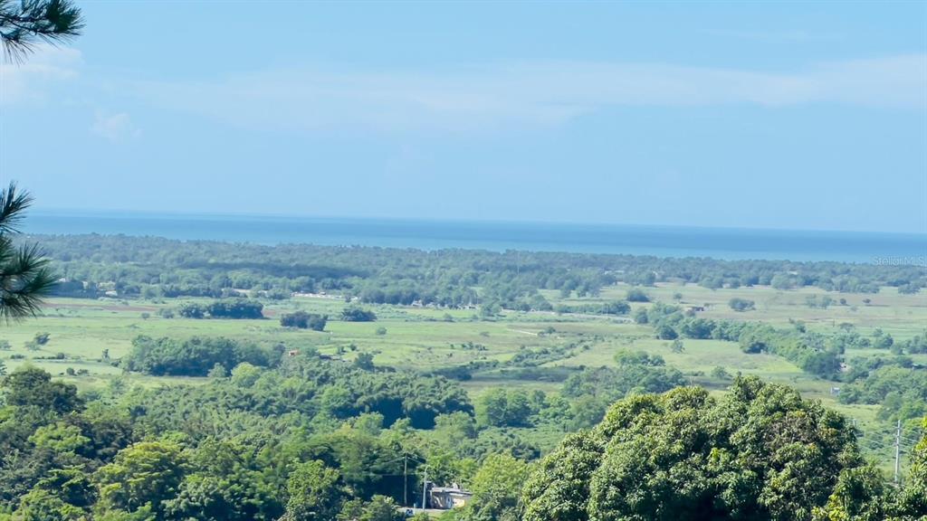 A high-angle view shows a vast green landscape leading to a distant ocean horizon — Km 2.4 CARR 402, ANASCO, PR