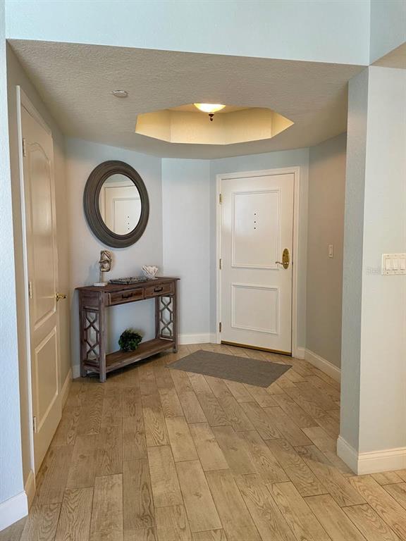An entryway features light wood-look tile flooring, a console table, a round mirror, and a door — 10 PAPAYA STREET UNIT 1204, CLEARWATER, FL