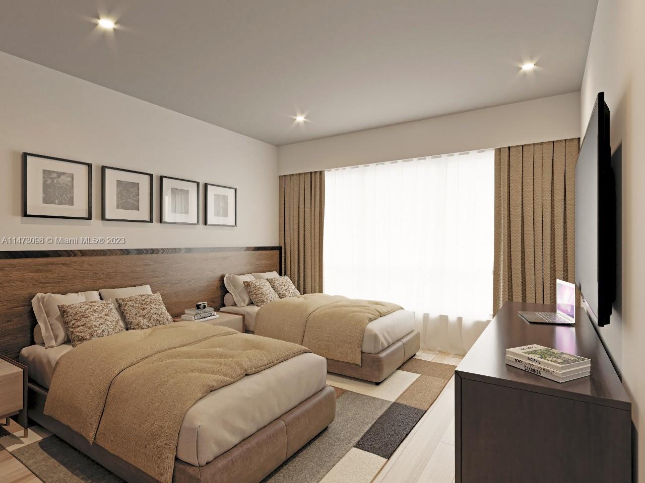 This rendering shows a bedroom with two beds, a wooden headboard, and a television — 1112 Carr. Maria Trinidad Sanchez, DR, DR