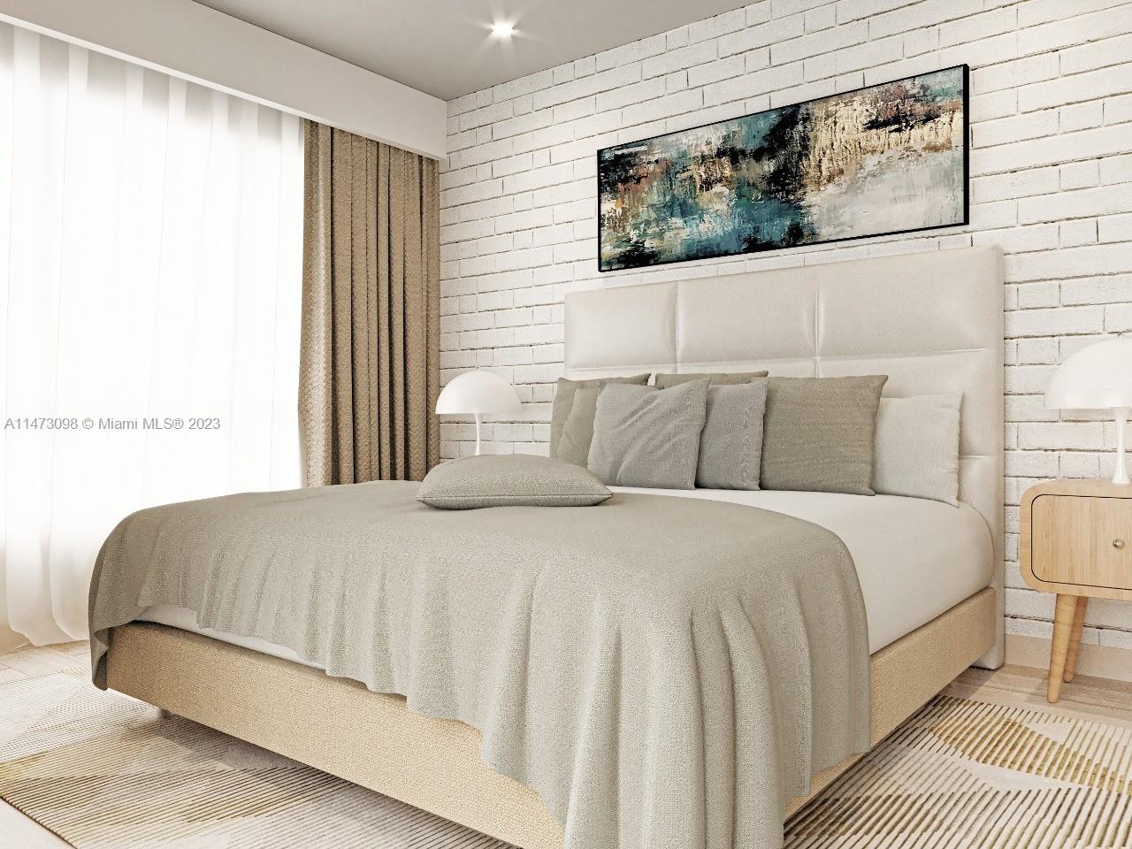 This is a rendering of a bedroom with a white brick wall and upholstered headboard — 1112 Carr. Maria Trinidad Sanchez, DR, DR