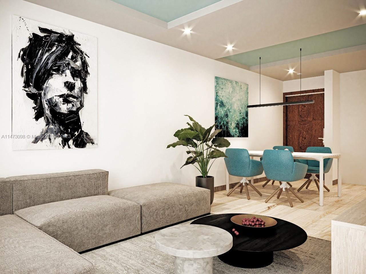 This is a rendering of a modern living and dining room with contemporary furniture and art — 1112 Carr. Maria Trinidad Sanchez, DR, DR