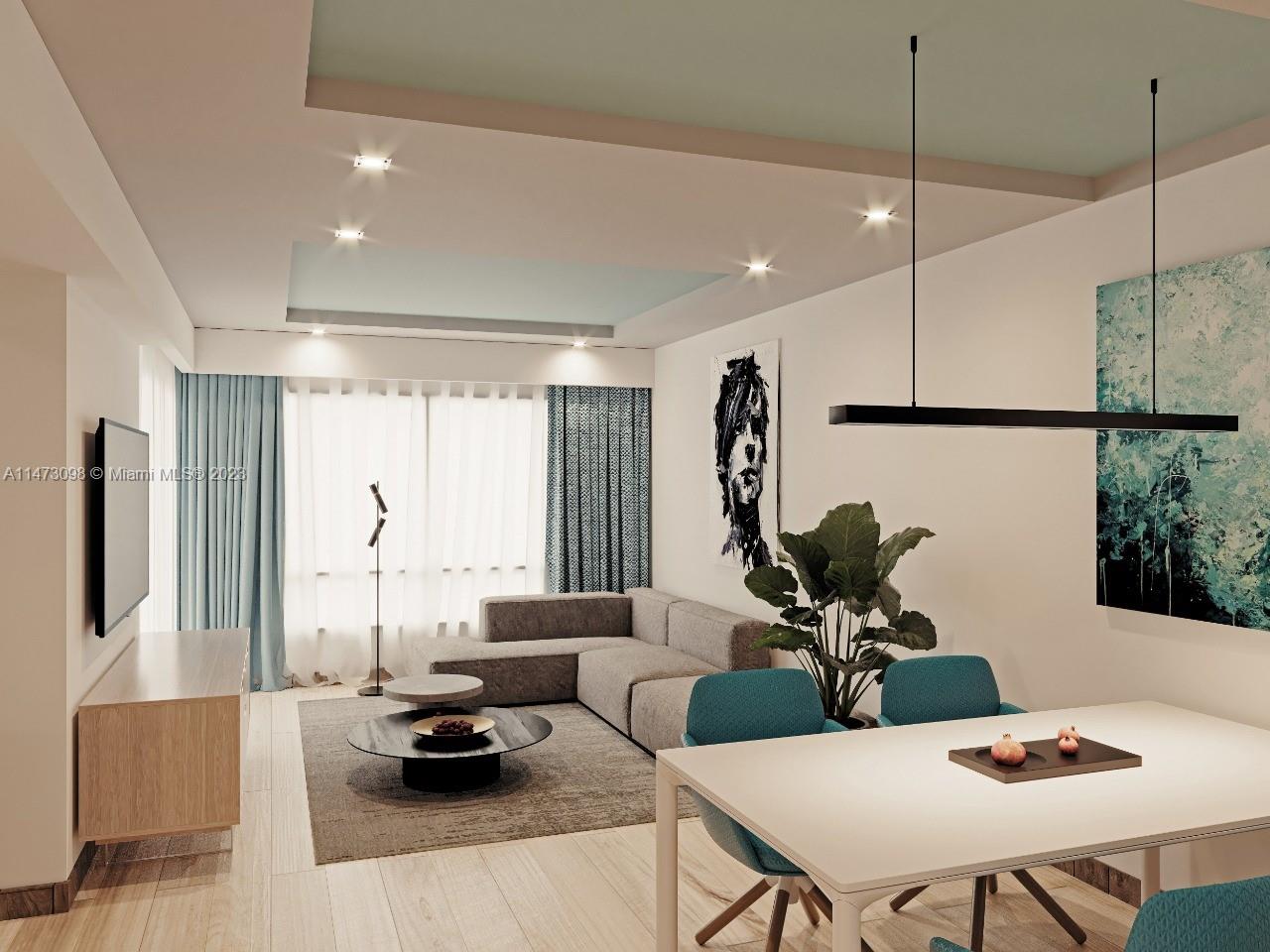 This rendering shows a modern living and dining area with a sectional sofa and table — 1112 Carr. Maria Trinidad Sanchez, DR, DR