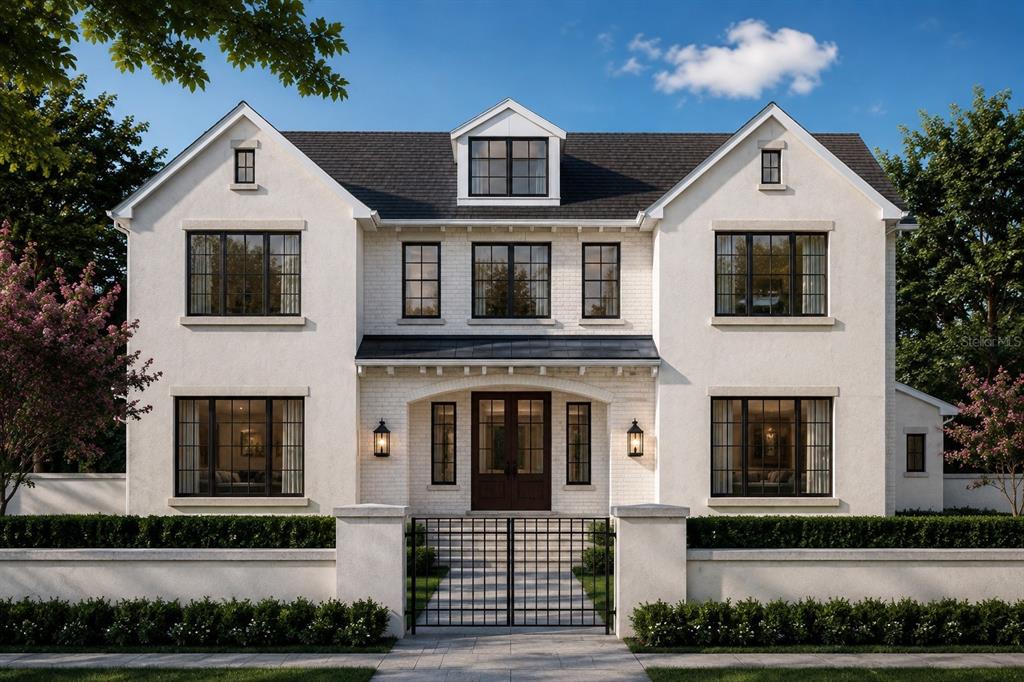 This is a rendering of a two-story white brick house with a gated front courtyard — 620 VIRGINIA DRIVE, WINTER PARK, FL