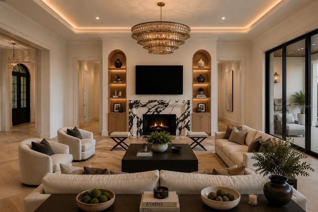 A living room features a marble fireplace, built-in shelving, a large chandelier, and neutral furniture — 620 VIRGINIA DRIVE, WINTER PARK, FL