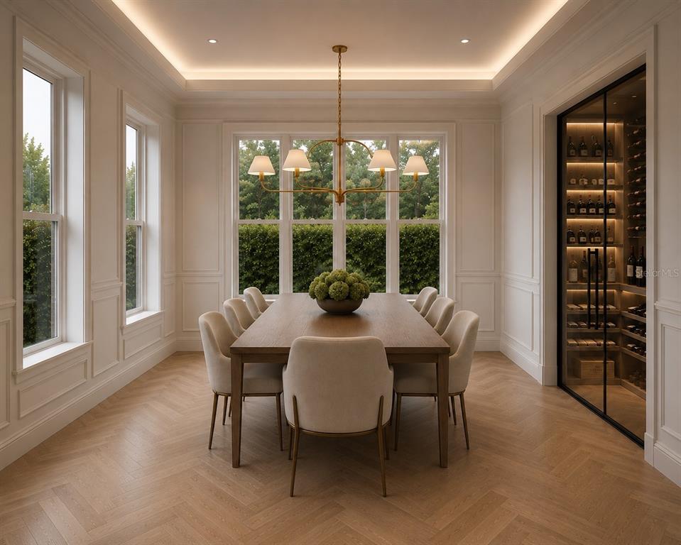 This rendering shows a dining room with a wooden table, upholstered chairs, and a wine cellar — 620 VIRGINIA DRIVE, WINTER PARK, FL