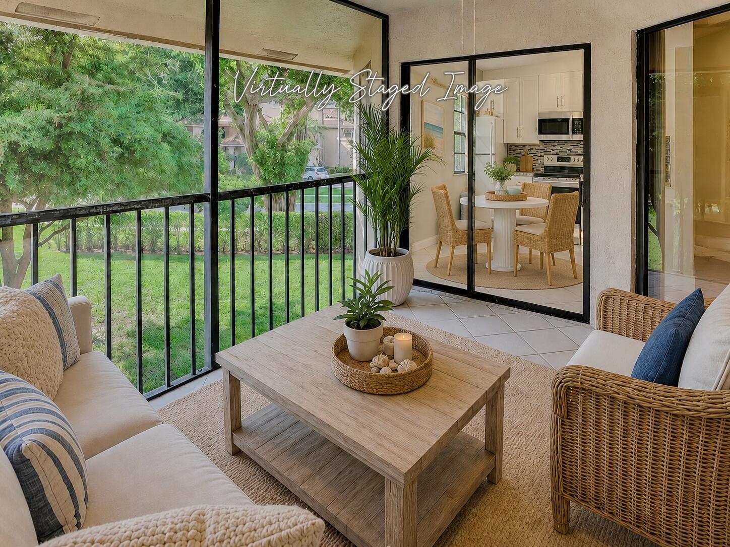 This virtually staged image shows a screened-in balcony with outdoor furniture overlooking a grassy yard — 6698 Montego Bay Boulevard # D, Boca Raton FL 33433, BOCA RATON, FL