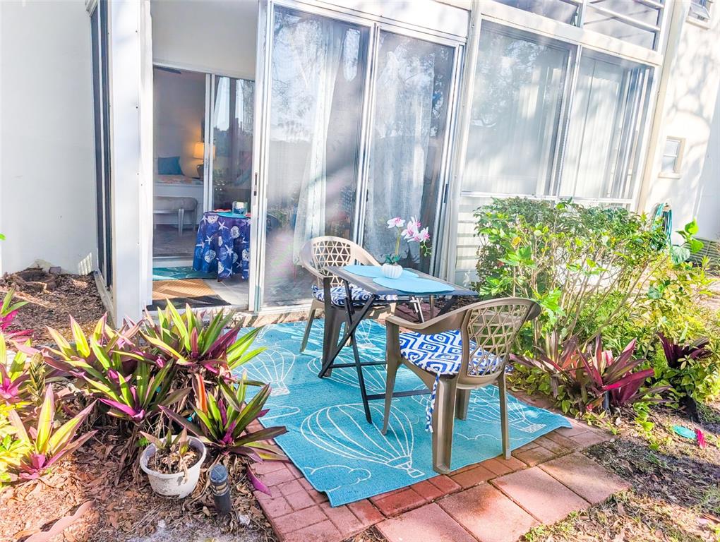 A small patio with a table, two chairs, and a blue rug sits outside sliding doors — 4480 IRONWOOD CIRCLE UNIT 112A, BRADENTON, FL