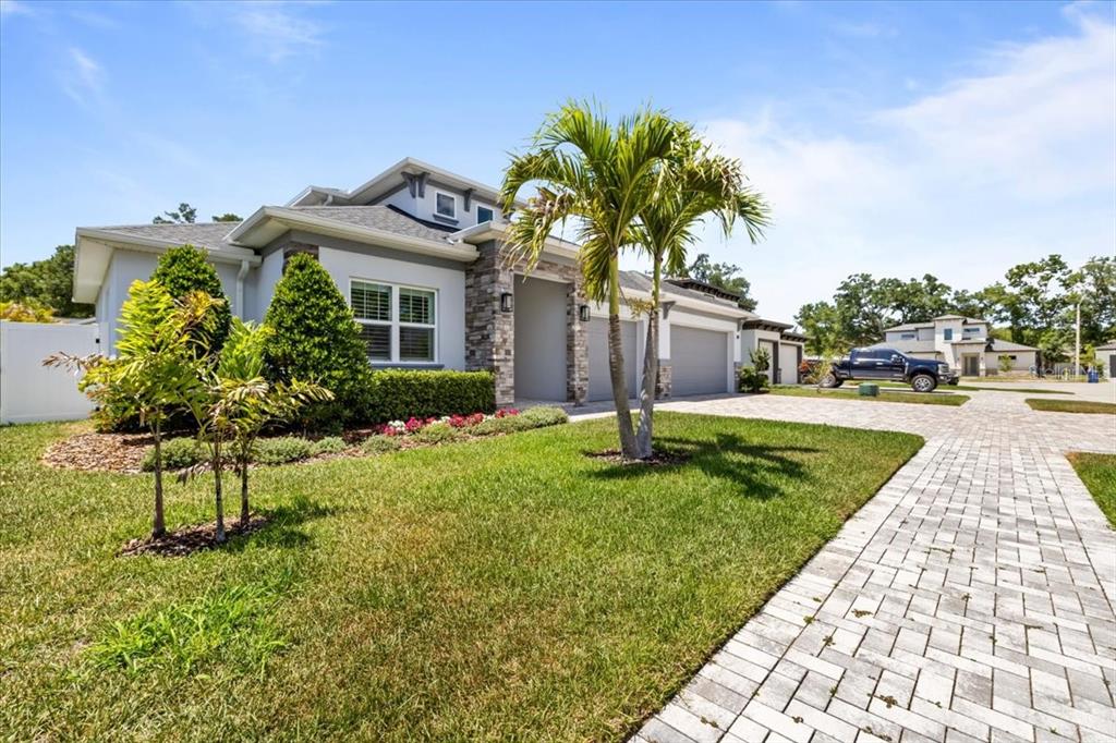 A single-story house with a stone facade, a palm tree, and a paved driveway — 201 LAROCCA COURT, PALM HARBOR, FL