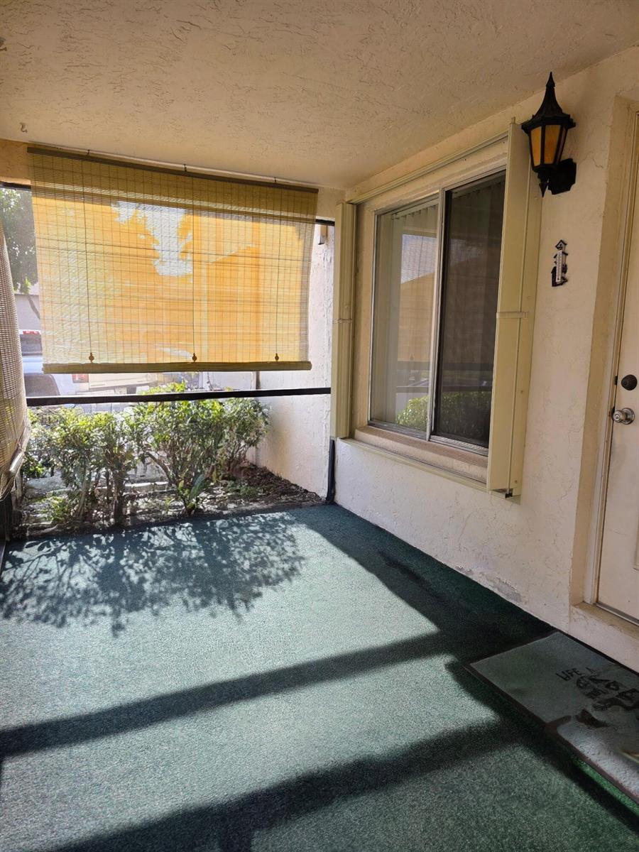 A covered patio features green outdoor carpeting, a bamboo shade, and a sliding window — 423 Pine Glen Lane # 1, FL 33463, FL